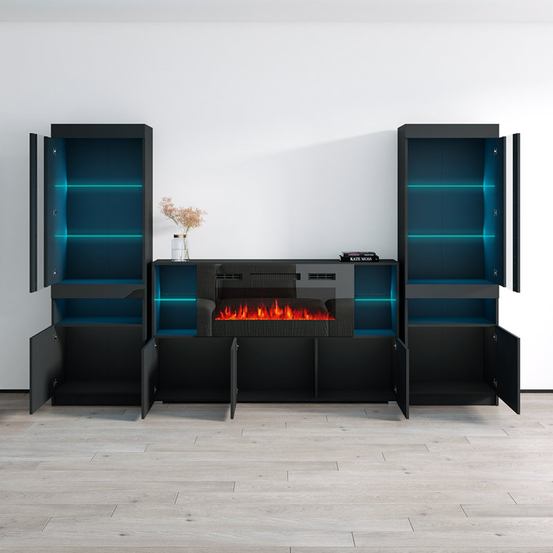 Camberlynn 110.2" Modern Entertainment Center with Electric Fireplace, High Gloss Finish, Media Storage, Black