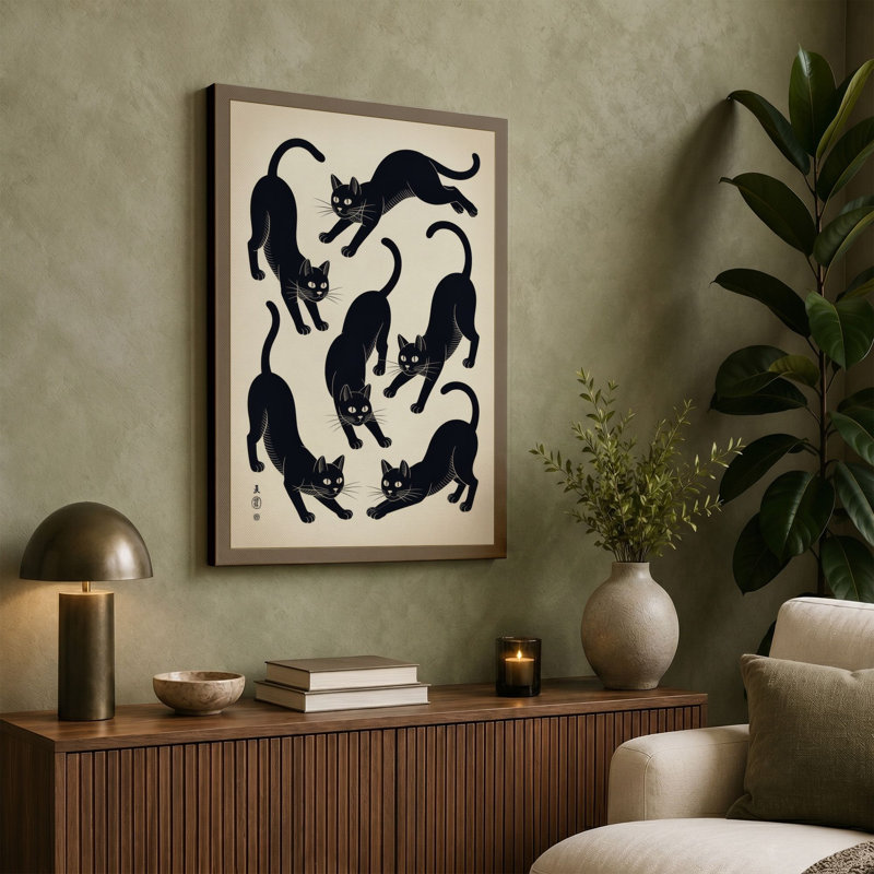 Six Cats Dancing Japandi 1 Piece Wrapped Canvas Wall Art, 36x24 - 91.4 x 61.0 cm, Cream Border