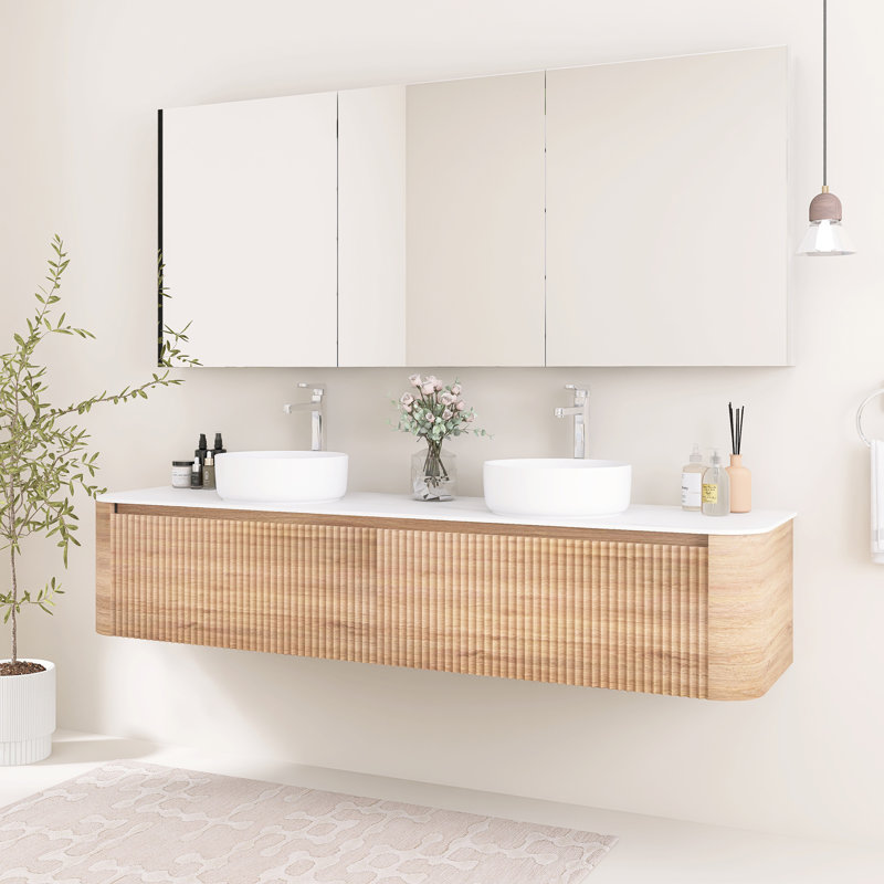 Meuble-lavabo mural 72 pouces avec double vasque en céramique, deux tiroirs et porte-serviettes, Honey Oak