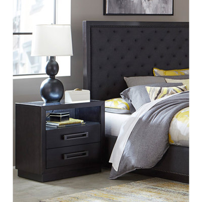 Table de chevet au fini gris anthracite avec 2 formation, éclairage à DEL, prises de courant et table de chevet moderne avec rangement en verre, rangement