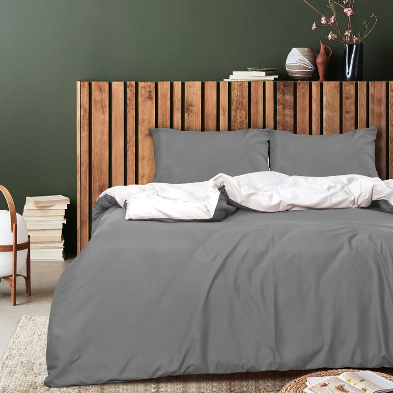 Aglaee Polyester Solid Colour Duvet Cover Set with Pillowcases, Double - 2 Standard Pillowcases, Grey/White