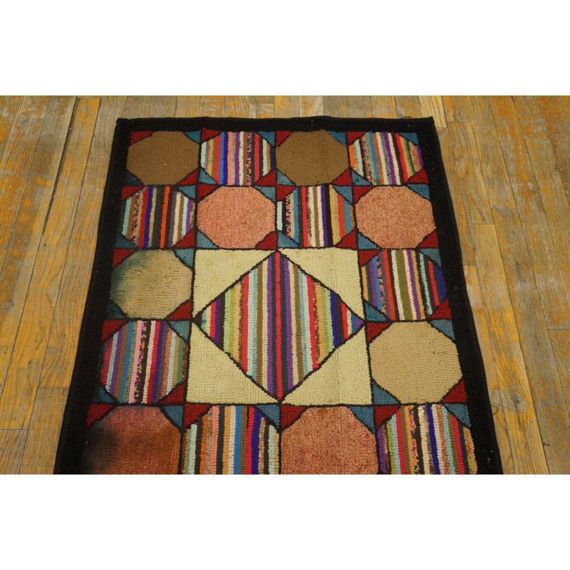 Antique Multicolor Wool 1920s American Hooked Small Scatter Size Rug
