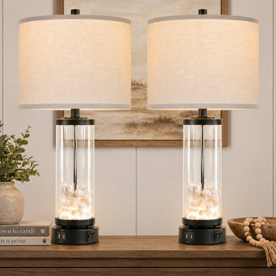 Farmhouse Table Lamps Set of 2 for Bedroom Nightstands, with USB Charging Ports & Night Light, Coral Glass Base, Fabric Shade, LED Bulbs Included
