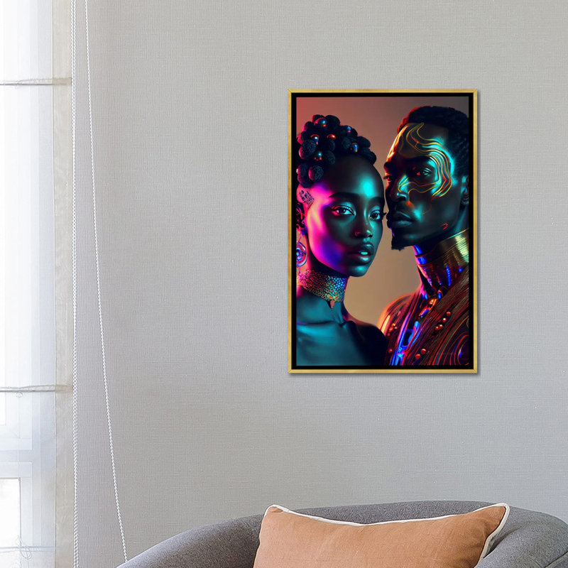 Afrofuturist African Royalty Queen And King II, Gold Floater Framed Canvas, 26" H x 18" W x 1.5" D