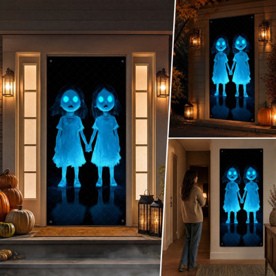 Halloween Decor Halloween Door Cover  Scary Ghost Twin Girls Door  Spooky Blue  Ghost Hanging  For Front Door Porch Wall  House Halloween Party D