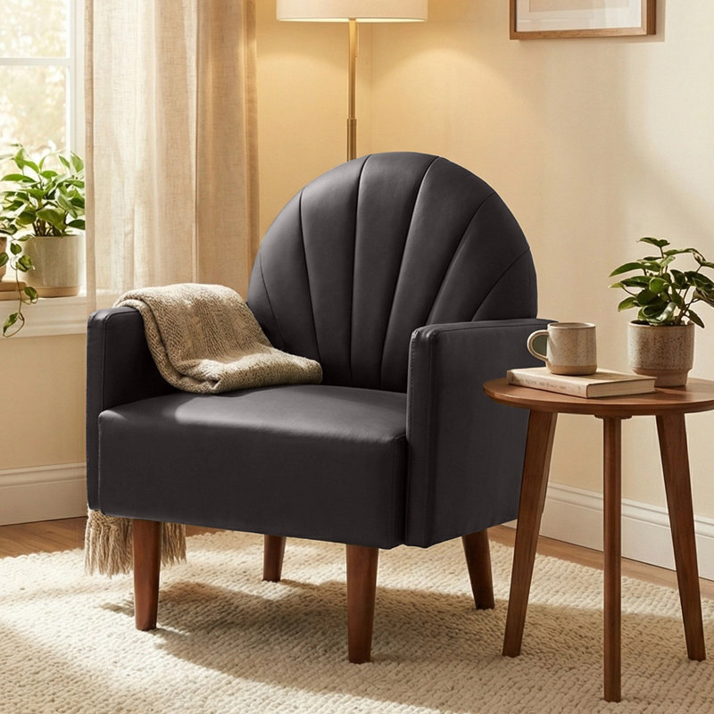 Fauteuil rembourré en similicuir avec pieds en bois 1pc, Simili cuir brun foncé
