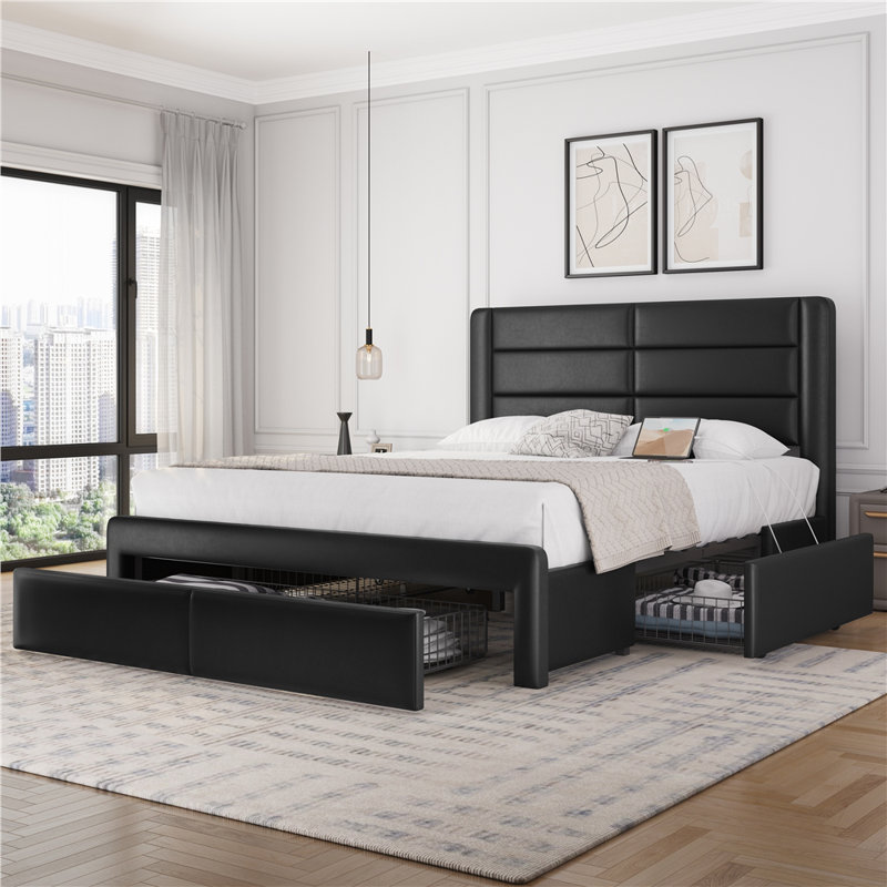 Avelle Vegan Leather Metal Platform Storage Bed with 3 Storage Drawers and Built-In USB Ports, Black, Queen