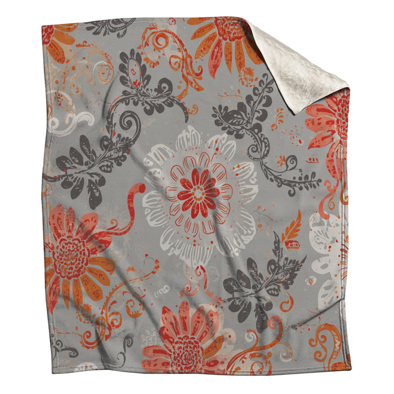Orange Grey Floral Pattern Blankets, 50in W x 60in H