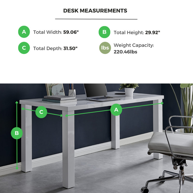 Eubanks High Gloss Home Office Desk, 29.53" H x 59.06" W x 31.5" D, White