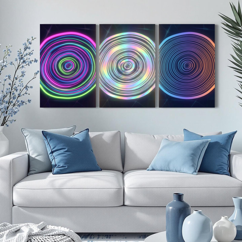 Ensemble de 3 tableaux sur toile à motif abstrait de cercles néon, H 18 po x l 36 po
