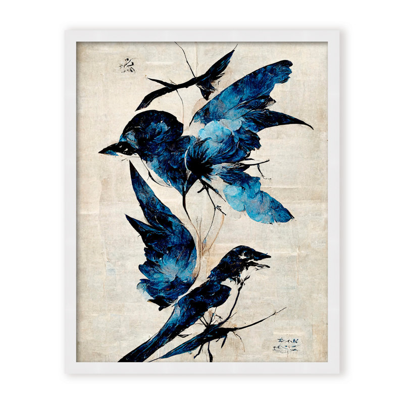 Nature Inspired Blue Birds, 30" H x 24" W x 1.125" D, Framed Matted Print, White