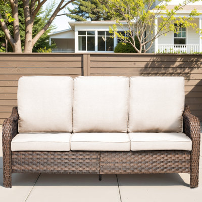 Outdoor 70.9" Pe 3 Seat With Beige Cushions, Elegant Coastal Vibes, Padded Cushions To Water, , Fade, Weather, And , Ergonomic Back Arm Support, Suitable For Indoor Use, Simple Assembly Upkeep