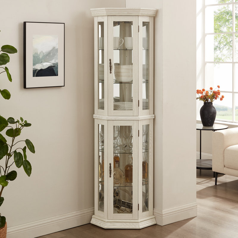 Lighted Corner Curio Cabinet Glass Display Shelf With Tempered Glass Doors, Adjustable Shelving, And Included Bead Bulb Ideal Bar Cabinet For  WHITE