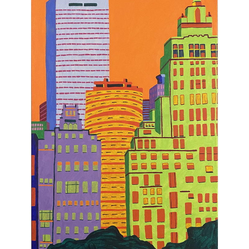 Midtown par Sue Graef - Peinture, Papier avec cadre noir, H 31,25 po x l 25,25 po