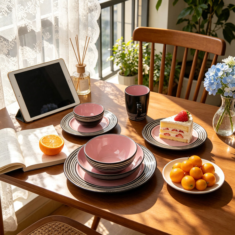 Service de table 48 pièces en grès HomeVSS, motif d'écorce d'arbre, pour 8 personnes, Rose