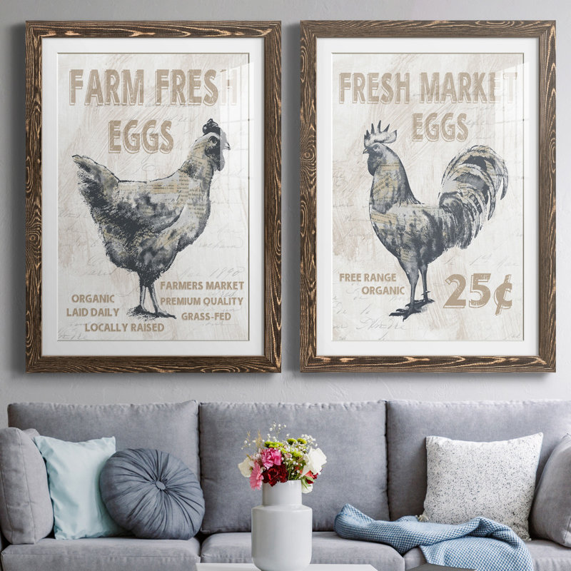 Farm Fresh Chicken - ensemble de 2 reproductions, Papier, cadre noyer, Blanc, H 44 po x l 31 po x P 1 po