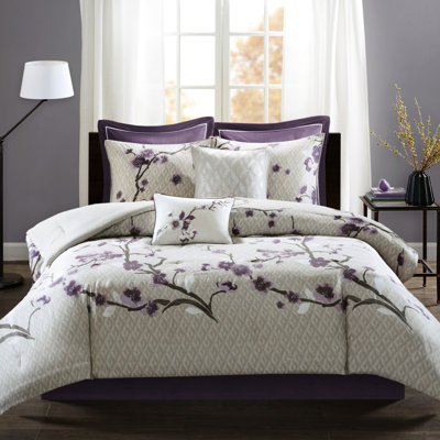 Édredon très grand mauve / taupe - imprimé floral en coton 8 pièces, 2 taies décoratives européennes, coussins décoratifs, poutre de soutien à motif lavable à la machine