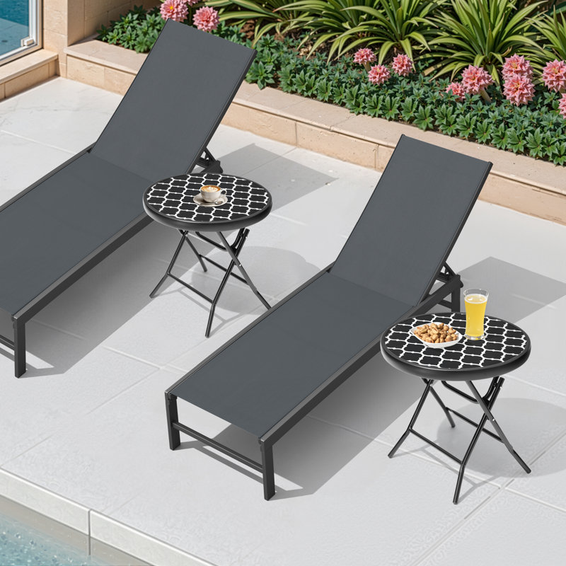 Folded Glass Round Outdoor Side Table, 2, Black/White