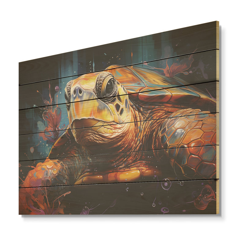 Pop Art Portrayal Of A Turtle - Turtle Wood Panel Wall Art On Natural Pine Wood, 10" H x 20" W
