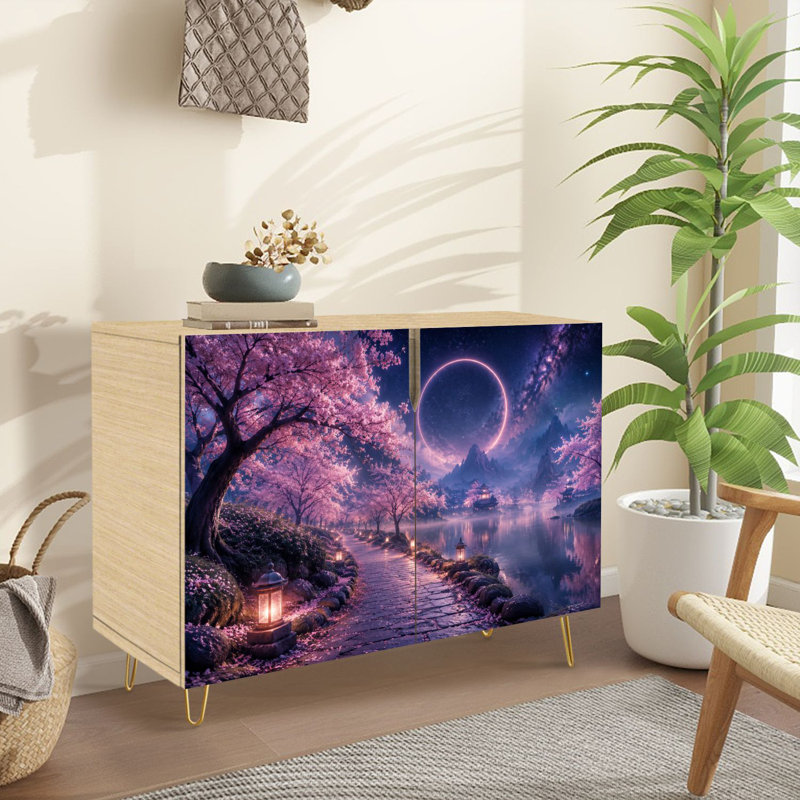 Buffet Buffet avec rangement Mystical Cherry Blossom Pathway Lanterns Celestial Eclipse Serene Lake avec 2 portes pour le salon et la cuisine