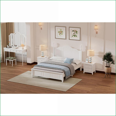 Ensemble de chambre à coucher en bois blanc neige 3 pièces avec 3 tables de chevet - Aucun sommier requis | Bois | Lits à lattes