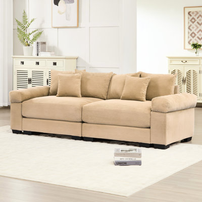 Camel Corduroy 92" 2 - Seat Modular With Throw Pillows, Solid Wood Frame And Flexible Configuration For Living Room Oversized Base Layout Bedrooms