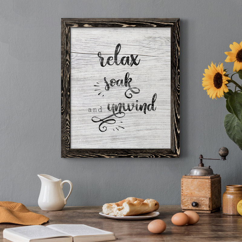 Relax Soak Unwind - cadre photo, art textuel sur toile, H 44 po x l 31 po x P 1 po, Toile avec cadre noir