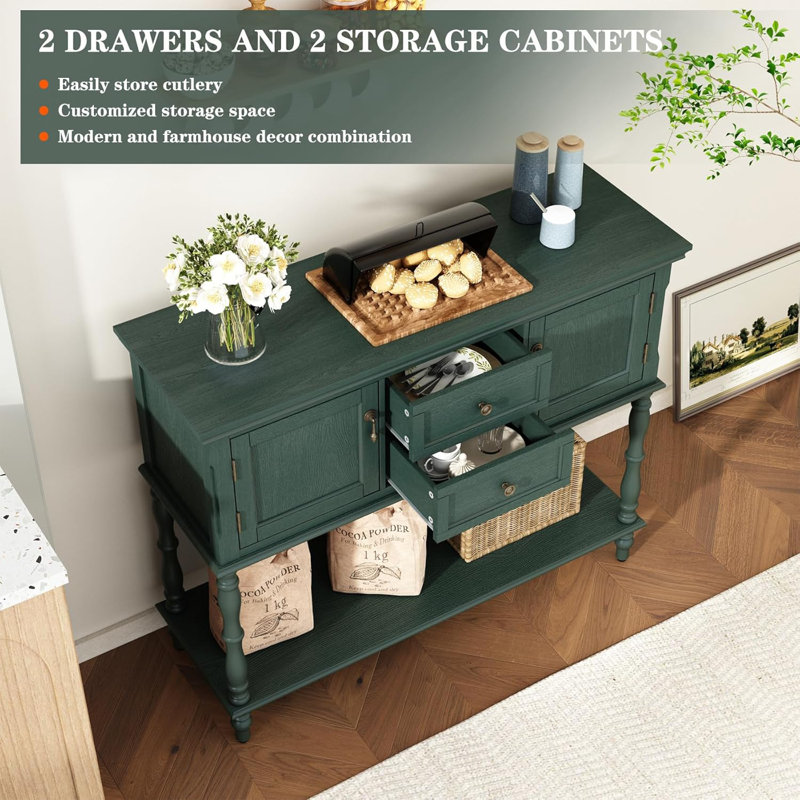 Green Narrow Long Sofa Table, Hallway Shoe rack with 2 Drawers