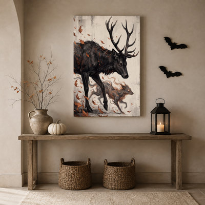 Cerf noir et loup gris parmi les feuilles d'automne - Toile murale d'Halloween
