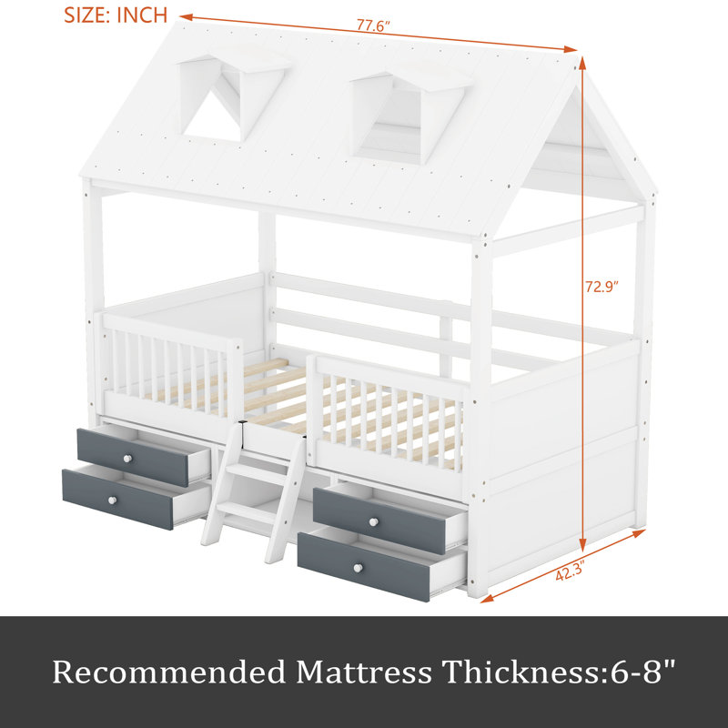 Wood Bed House Bed Frame, Twin, White