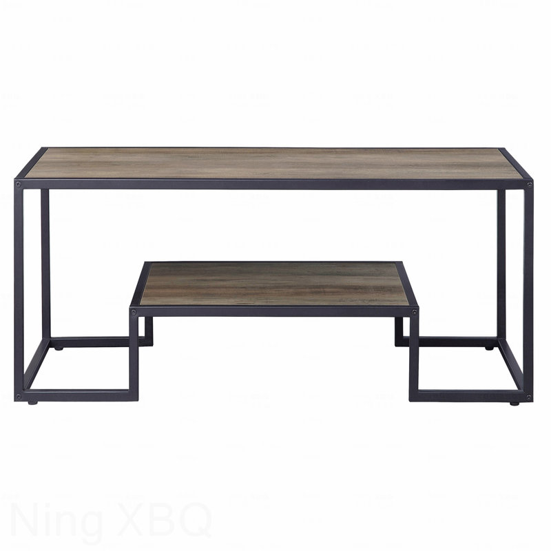 Table basse rustique en chêne avec tablette et cadre noir