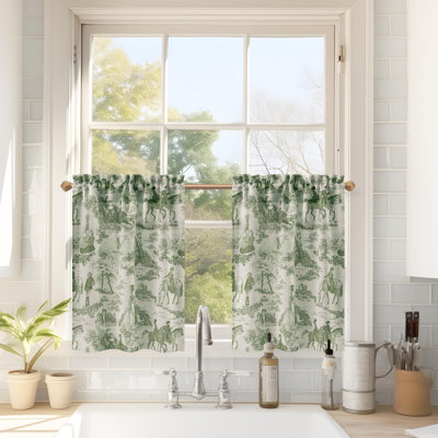 Kitchen Curtains Toile Tier Linen Short Curtains Cafe for Living Room Bathroom Farmhouse French Country Vintage Printed Pattern Rod Pocket 2 Panels