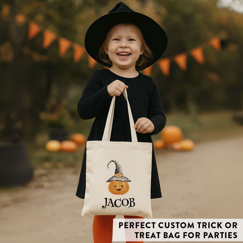 Sac personnalisé de bonbons ou de bonbons d'Halloween, sac fourre-tout en lin de coton épais, jolie citrouille sorcière avec nom, sac de bonbons réutilisable