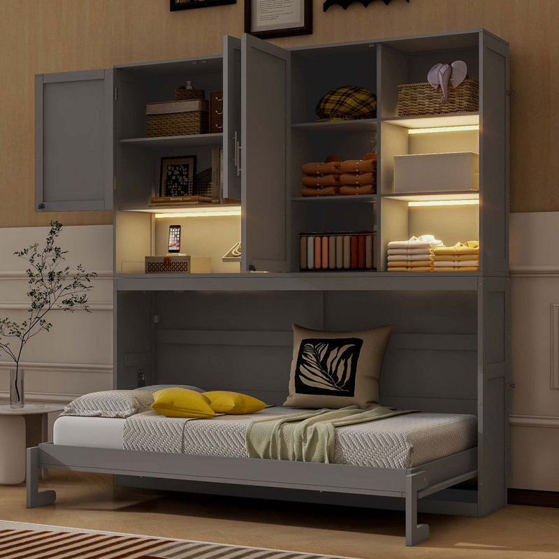 Lit escamotable mural simple avec armoire supérieure, tablettes, lit pliable peu encombrant avec lumière et USB, Gris