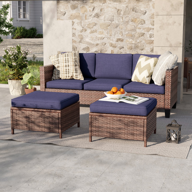 Raelee 3 - Person Patio Conversation Set with Cushions, Navy, Brown