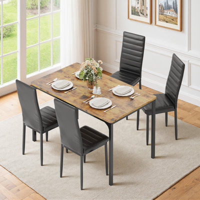 4-Person Dining Table Set with Solid Wood tabletop and Cushioned Chairs