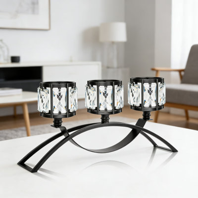 3-Arm Arched Candelabra Centerpiece With Crystal Bowls - Modern Tabletop Candle Holder For Wedding, Dining Room, And Home Decor