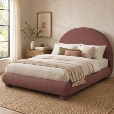 Cocoon Queen Size Boucle Platform Bed, Curved Arched Upholstered Headboard, Teddy Fabric Bed Frame with Wooden Slats, No Box Spring Needed, 500 lbs Capacity