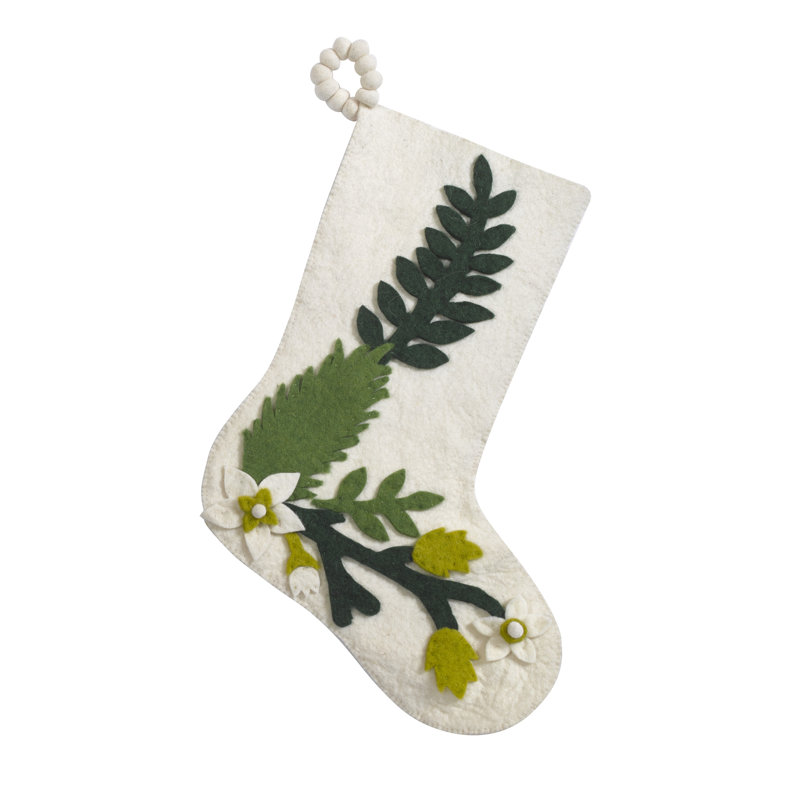 Hand Felted Wool Christmas Stocking with Green Leaves on Cream