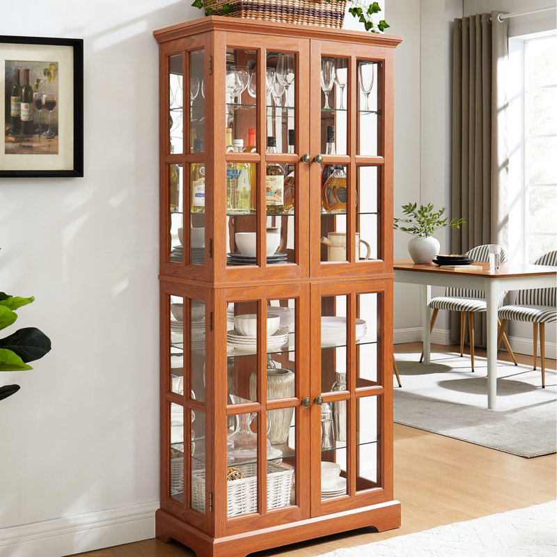 Vintage Curio, portes en verre, fermeture magnétique, éclairage à DEL avec tablettes réglables, armoire en chêne antique blanc foncé, poignée en métal, support stable,