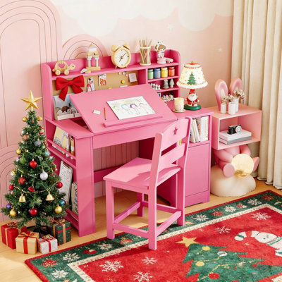Kids Study Desk & Chair Set with Storage, Tiltable Wooden Desk with Hutch for Ages 3-8