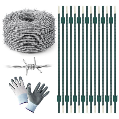 15-Gauge 500 FT Galvanized 4-Point Barbed Wire with 15 pcs 7 ft T-Posts and Gloves, Outdoor Farm Fencing Kit for Livestock, Pasture, Garden & Property Boundary