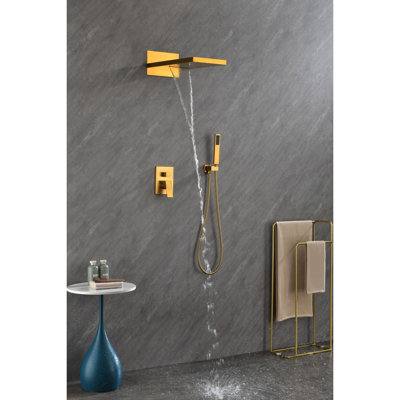 Système de douche de salle de bain avec tête haute rectangulaire et main - Garniture laiton doré