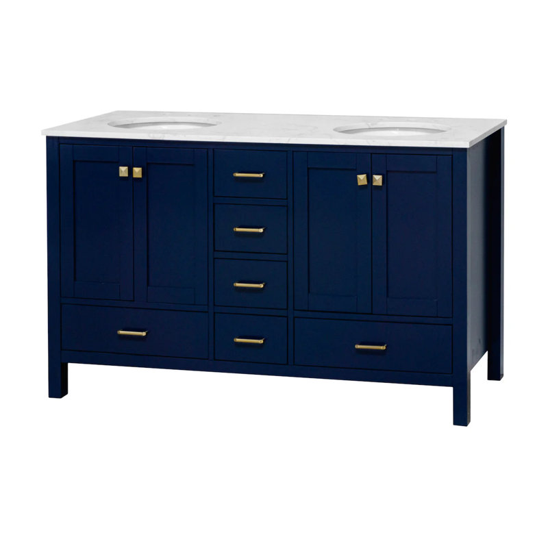 Ensemble de meuble-lavabo double 60 po Claudett, Bleu royal, Carrara d'ingénierie