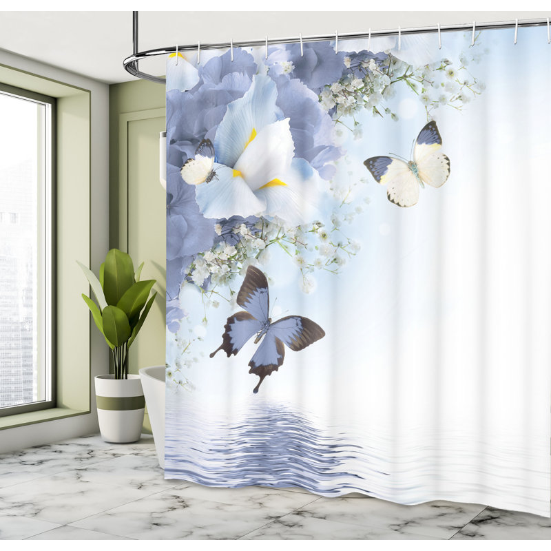Floral  Shower Curtain Set + Hooks, 84"H x 69"W, Blue Gray