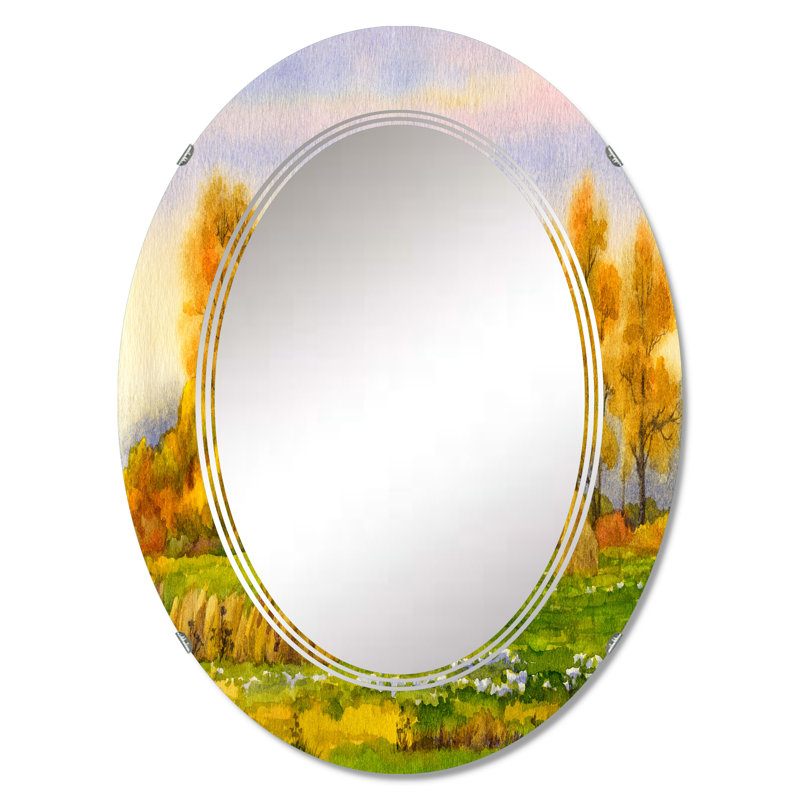 Meules de foin sur un champ de campagne en couleurs d'automne - Miroir mural ovale, 30 po x 20 po