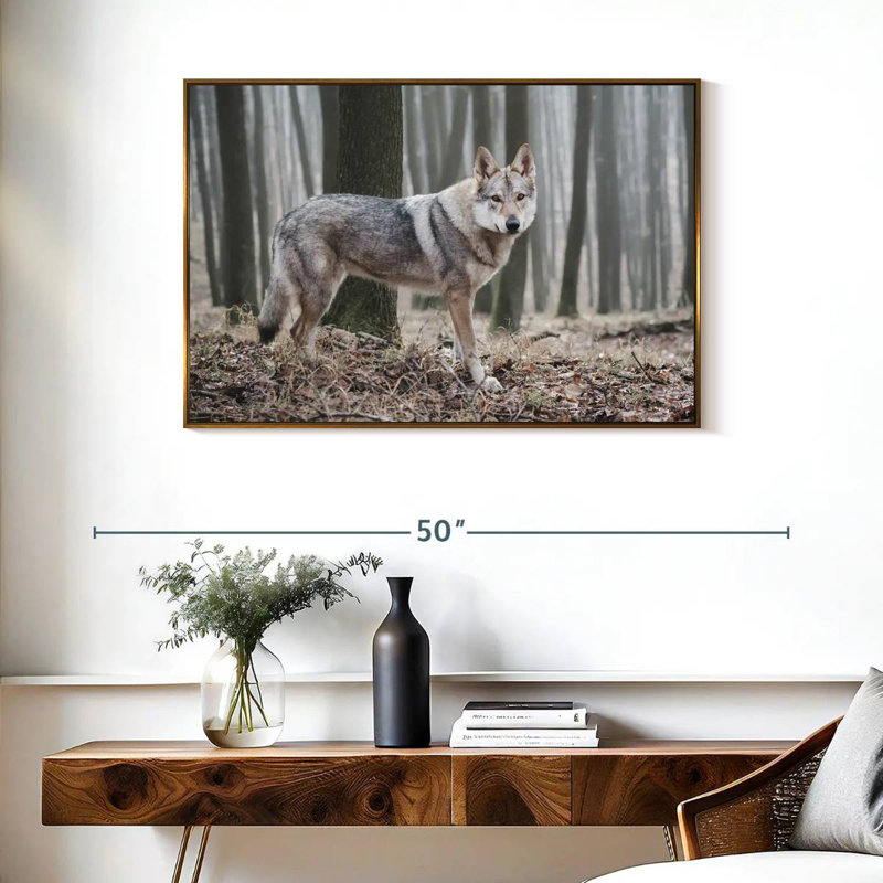 Loup d'hiver brumeux, Cadre flottant doré, 37 po x 25 po
