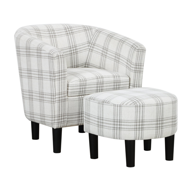 Anges Upholstered Barrel Chair with Ottoman, Gray Plaid Polyester