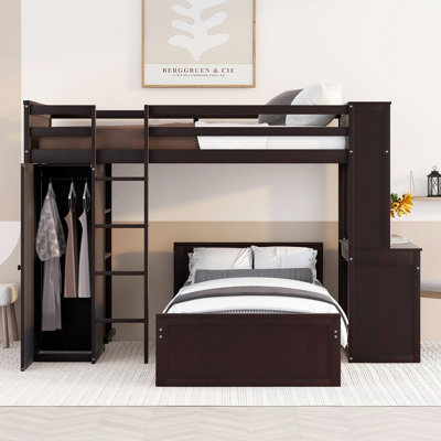 Lit mezzanine avec lit simple, bureau, tablettes et garde-robe, structure en bois compacte pour enfants et adolescents