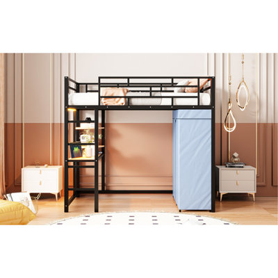 Lit mezzanine simple en métal avec bureau d'étude, prise de courant, DEL, tablettes et garde-robe